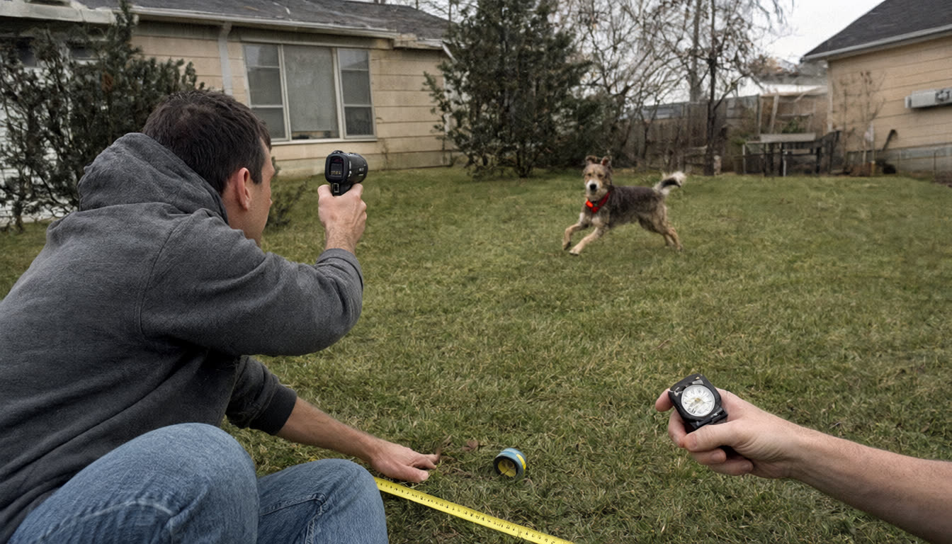 A man crouched on a lawn pointing a radar speed gun at a running dog, another holding a stopwatch, a tape measure in the grass